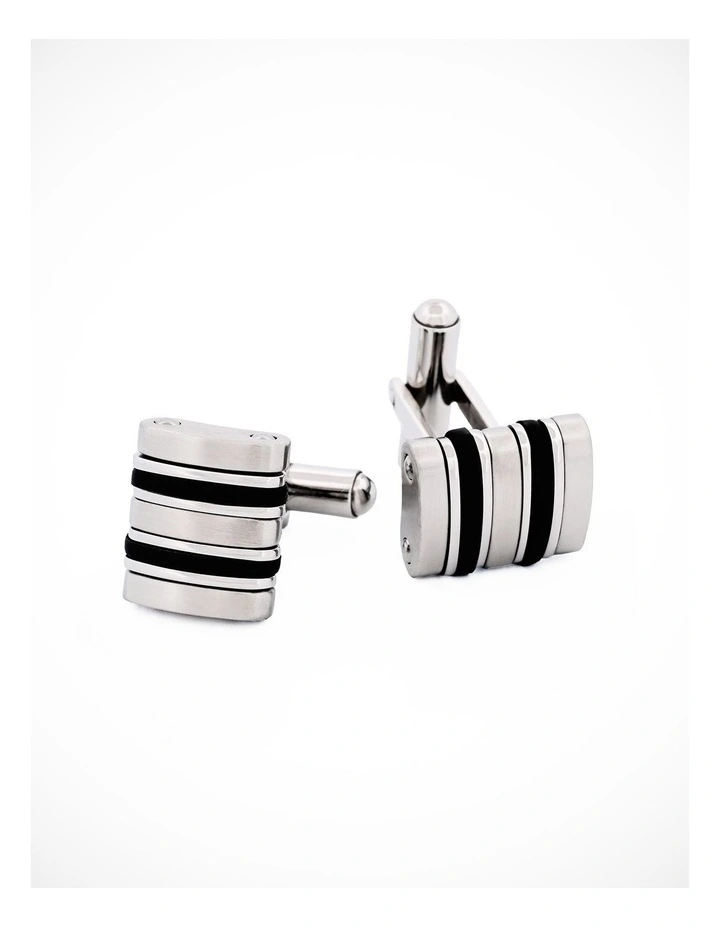 Polished Stainless Steel Cufflinks with Ion Plated Black Corrugated Inlay & Side Detail image 1