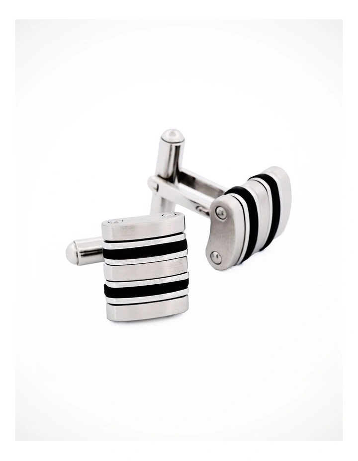 Polished Stainless Steel Cufflinks with Ion Plated Black Corrugated Inlay & Side Detail image 2