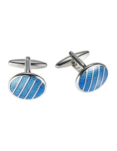 Polished Rhodium Plated Round Cufflinks with Sky Blue Striped Inlay