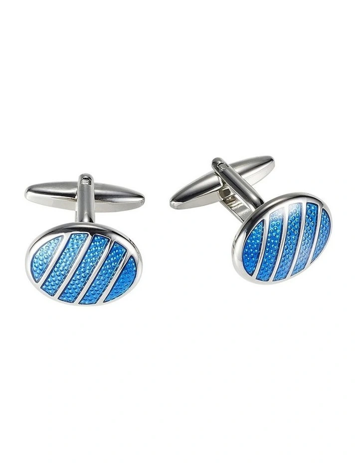 Polished Rhodium Plated Round Cufflinks with Sky Blue Striped Inlay image 1