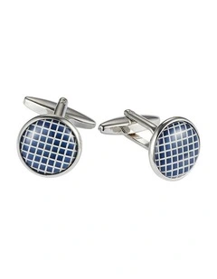 Polished Rhodium Plated Round Cufflinks with Navy & White Lattice Enamel Face