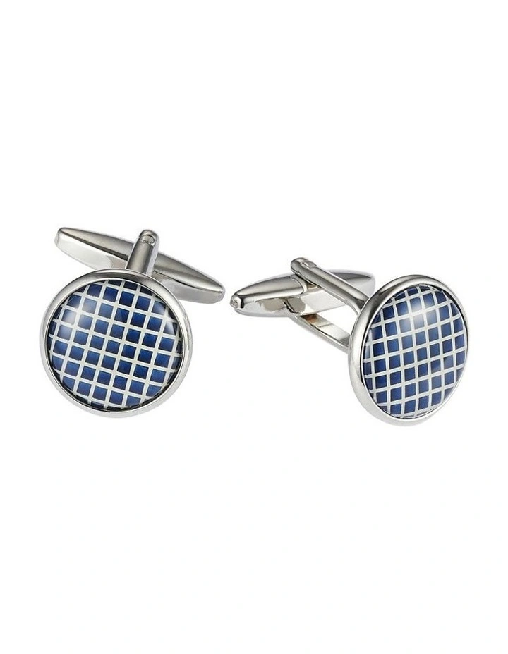 Polished Rhodium Plated Round Cufflinks with Navy & White Lattice Enamel Face image 1