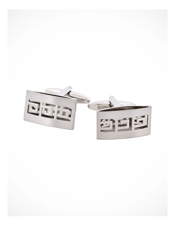 Brushed Rhodium Plated & Cutout Greek Key Patterned Cufflinks image 2