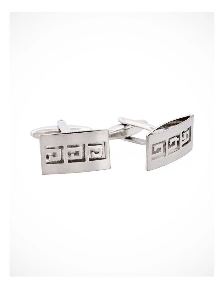 Brushed Rhodium Plated & Cutout Greek Key Patterned Cufflinks image 3