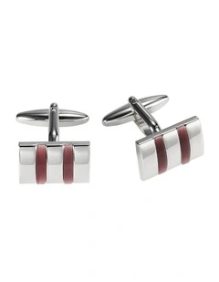 Rhodium Plated Rectangle Cufflinks with Double Maroon Cats Eye Inlays
