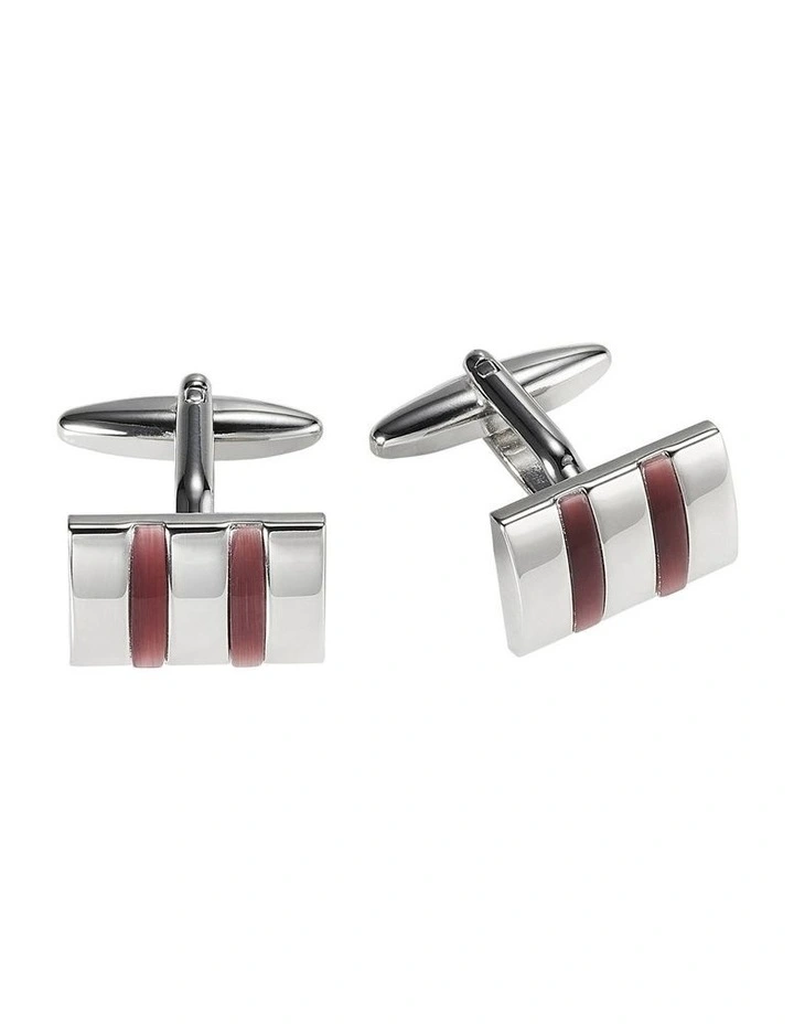 Rhodium Plated Rectangle Cufflinks with Double Maroon Cats Eye Inlays image 1