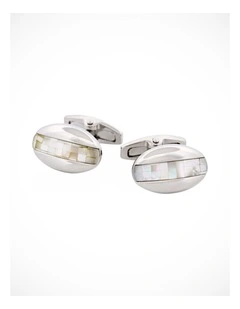Polished Rhodium Plated Oval Mosaic Design Mother Of Pearl Cufflinks