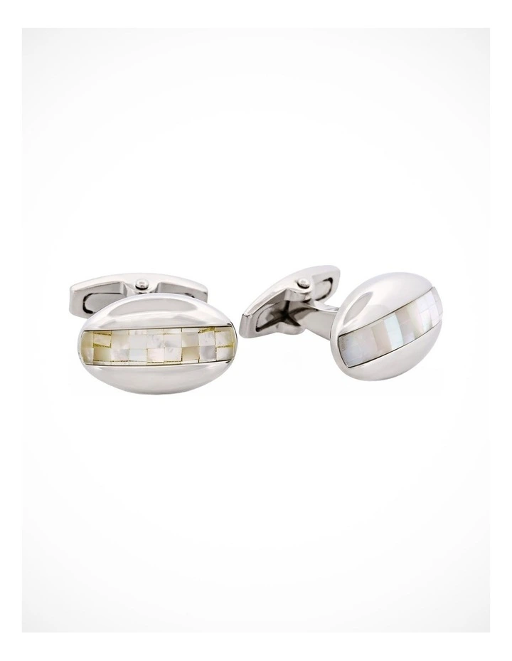 Polished Rhodium Plated Oval Mosaic Design Mother Of Pearl Cufflinks image 2