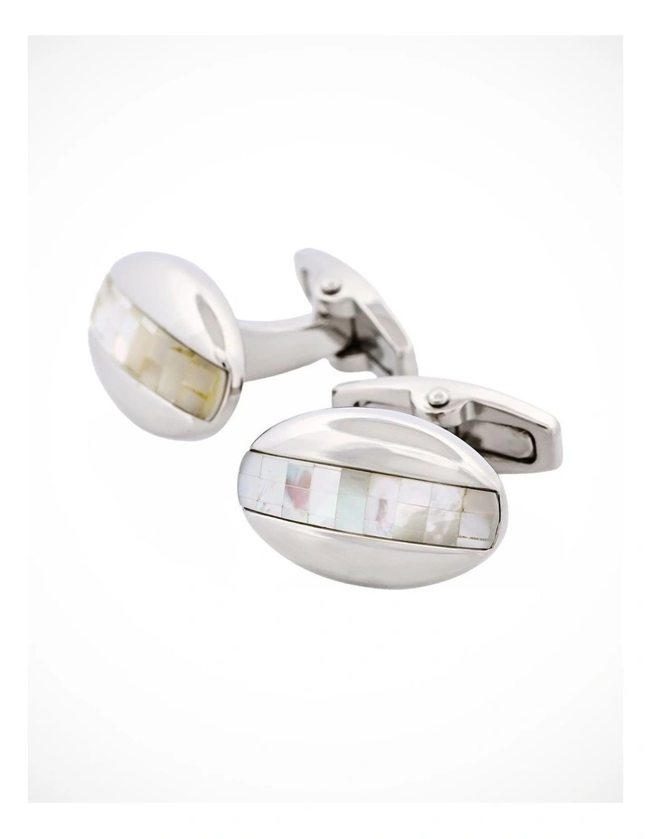 Polished Rhodium Plated Oval Mosaic Design Mother Of Pearl Cufflinks image 3