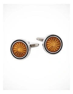 Rhodium & Brown & Black Epoxy Round Cufflinks