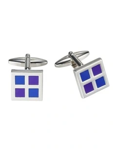 Polished Rhodium Plated Square Cufflinks with Purple & Blue Enamel Inlay