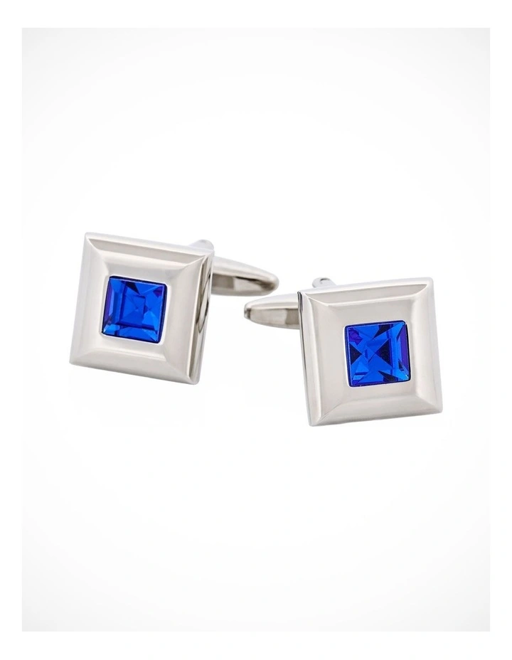 Polished Rhodium Plated Square Cufflinks with Sapphire Crystal Centre image 1