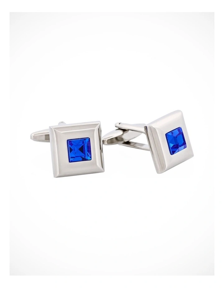 Polished Rhodium Plated Square Cufflinks with Sapphire Crystal Centre image 2