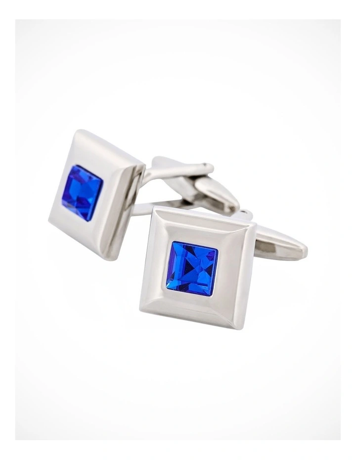 Polished Rhodium Plated Square Cufflinks with Sapphire Crystal Centre image 3
