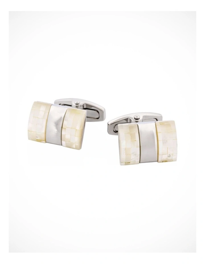 Polished Rhodium Plated Centre Mosaic Design Mother Of Pearl Cufflinks image 1