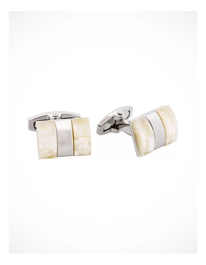 Polished Rhodium Plated Centre Mosaic Design Mother Of Pearl Cufflinks image 2