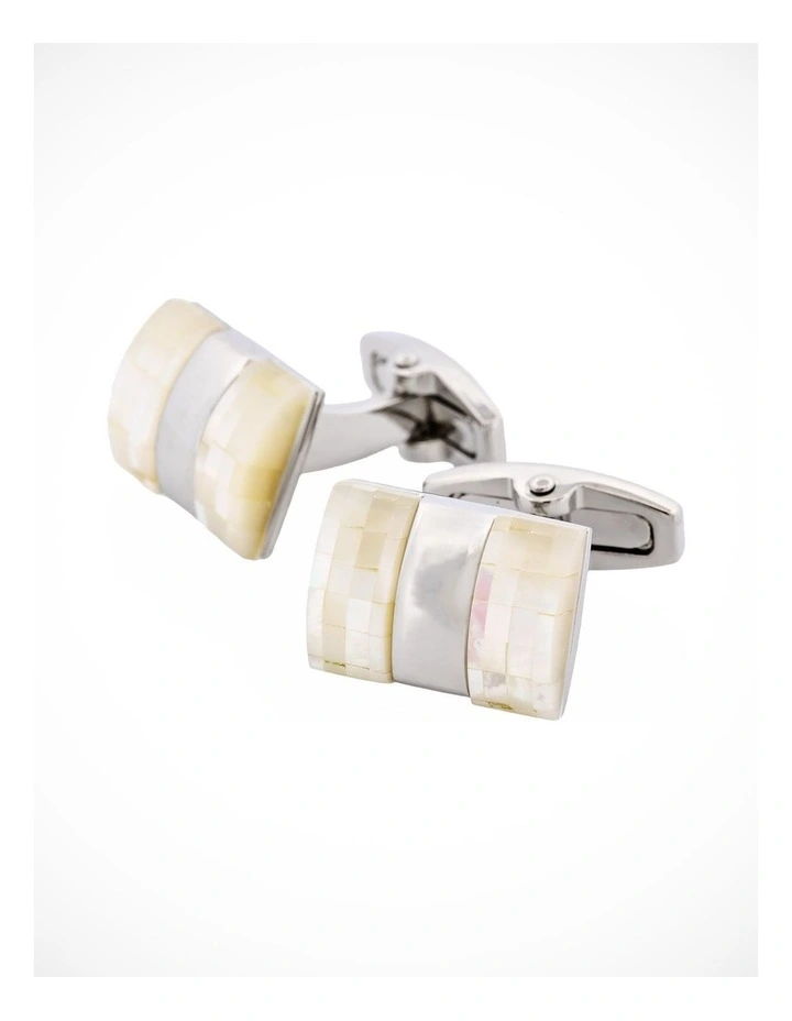Polished Rhodium Plated Centre Mosaic Design Mother Of Pearl Cufflinks image 3