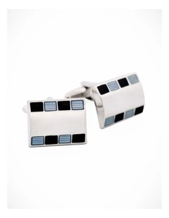 Polished Rhodium Plated Rectangle Cufflinks with Small Square Blue & Black Enamel Inlays