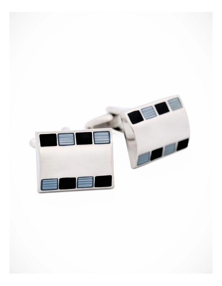 Polished Rhodium Plated Rectangle Cufflinks with Small Square Blue & Black Enamel Inlays image 1