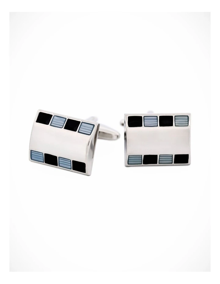 Polished Rhodium Plated Rectangle Cufflinks with Small Square Blue & Black Enamel Inlays image 2