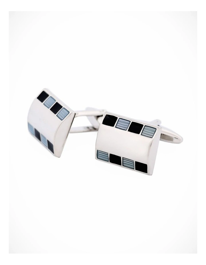 Polished Rhodium Plated Rectangle Cufflinks with Small Square Blue & Black Enamel Inlays image 3