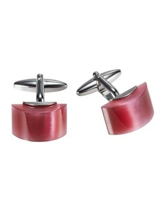 Polished Rhodium Plated Cufflinks with Hot Pink Curved Face Cats Eye