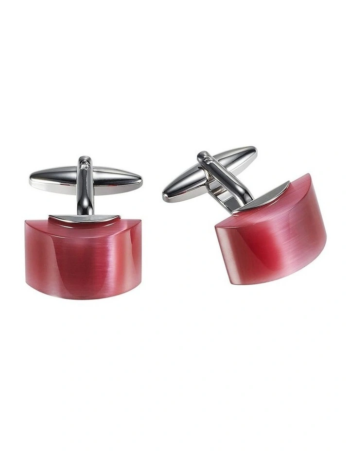 Polished Rhodium Plated Cufflinks with Hot Pink Curved Face Cats Eye image 1
