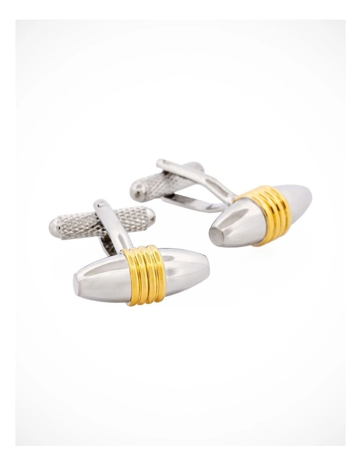 Polished Rhodium & Gold Plated Ribbed Barrel Cufflinks image 2
