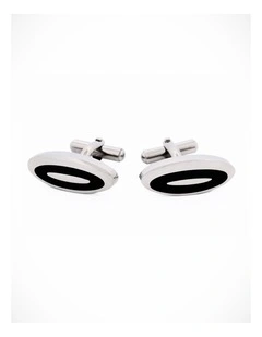 Polished Oval Stainless Steel & Black Enamel Cufflinks