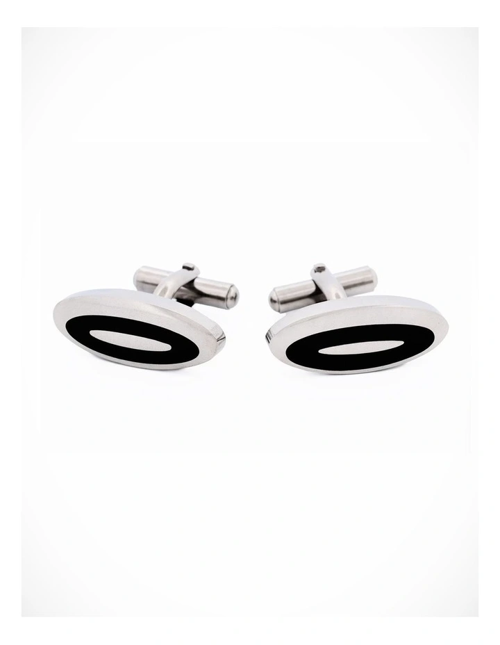 Polished Oval Stainless Steel & Black Enamel Cufflinks image 1