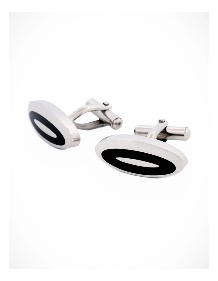Polished Oval Stainless Steel & Black Enamel Cufflinks image 2
