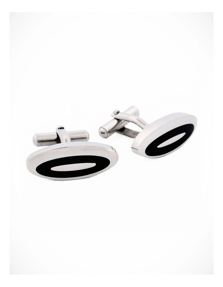 Polished Oval Stainless Steel & Black Enamel Cufflinks image 3