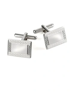 9ct White Gold Rectangle Cufflinks with Engine Turn Border