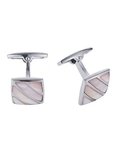 Polished Rhodium Stripe Pink Mother Of Pearl Cufflinks