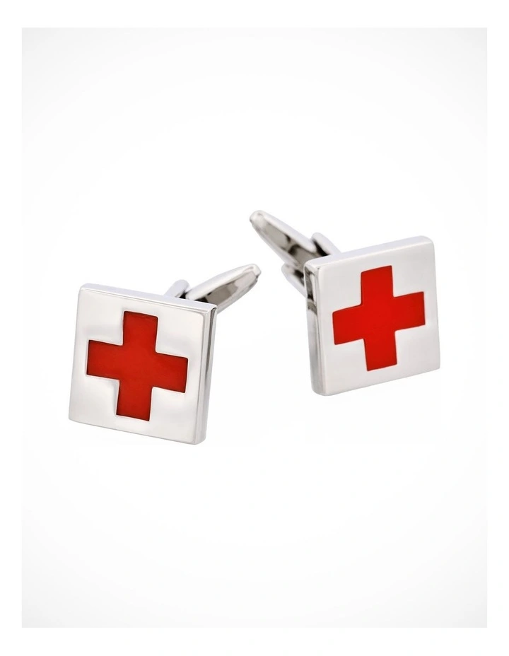 Rhodium Plated - Red Cross Enamel Cufflinks image 1