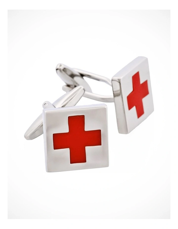 Rhodium Plated - Red Cross Enamel Cufflinks image 2