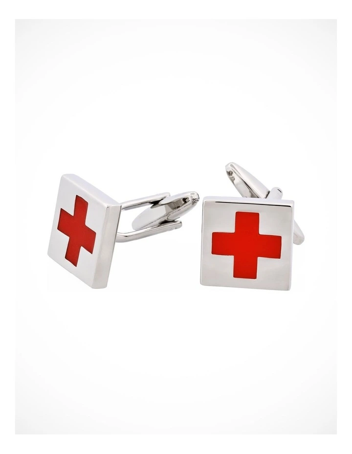 Rhodium Plated - Red Cross Enamel Cufflinks image 3