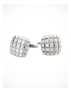 Rhodium Plated Grid-Cut Cushion Shape Cufflinks