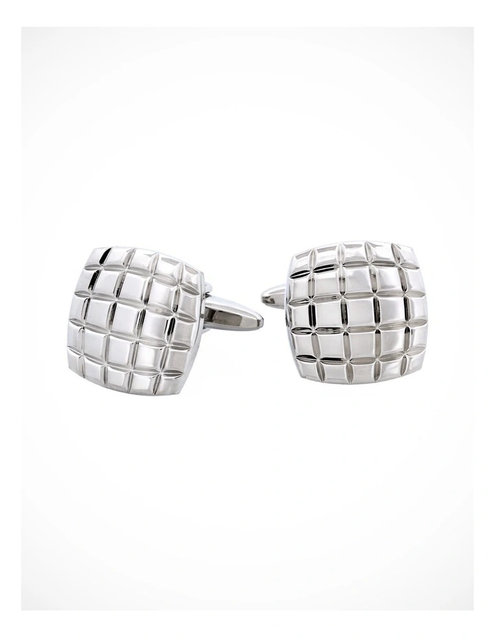 Rhodium Plated Grid-Cut Cushion Shape Cufflinks image 1