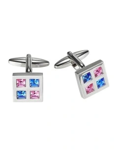 Polished Rhodium Plated Square Cufflinks with Sapphire & Pink Crystal Squares