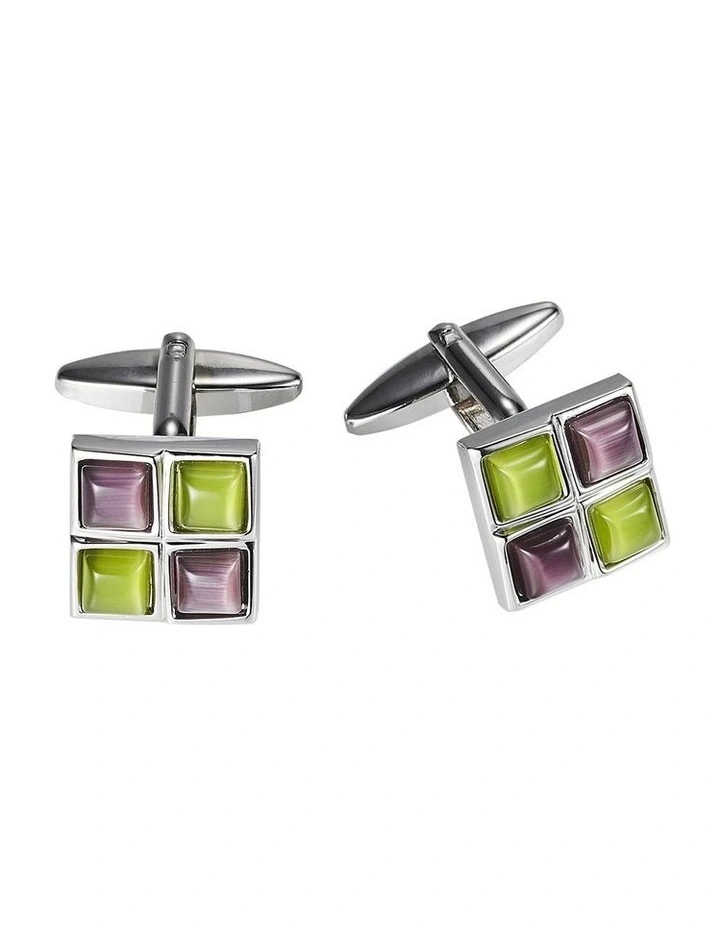 Polished Rhodium Plated Square Cufflinks with 2 Maroon & 2 Charteuse Cats Eye Inlays image 1