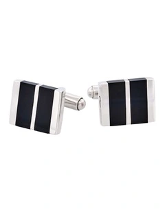 Polished Rhodium Plated Sterling Silver Cufflinks with Double Onyx Inlays