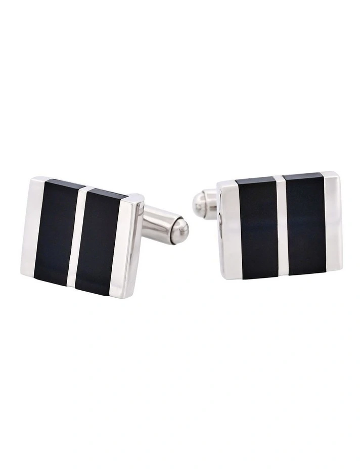 Polished Rhodium Plated Sterling Silver Cufflinks with Double Onyx Inlays image 1