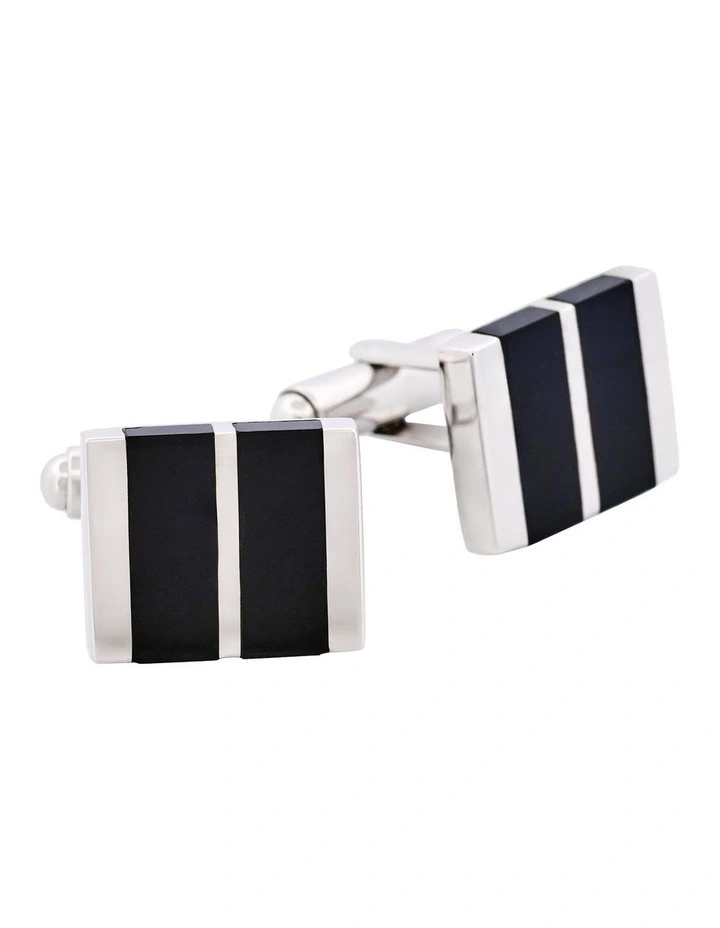 Polished Rhodium Plated Sterling Silver Cufflinks with Double Onyx Inlays image 2