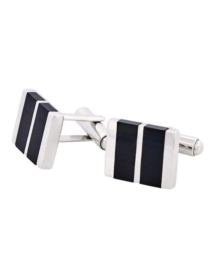 Polished Rhodium Plated Sterling Silver Cufflinks with Double Onyx Inlays image 3