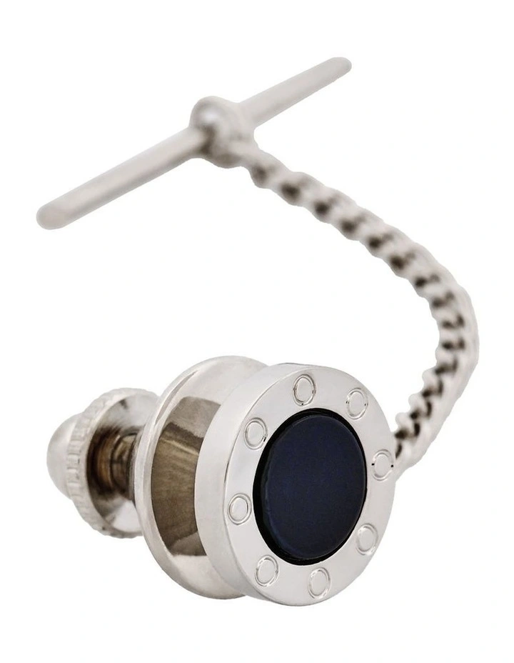 Rhodium Plated & Onyx Tie Tak & Chain image 2