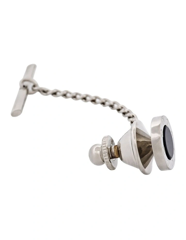 Rhodium Plated & Onyx Tie Tak & Chain image 3