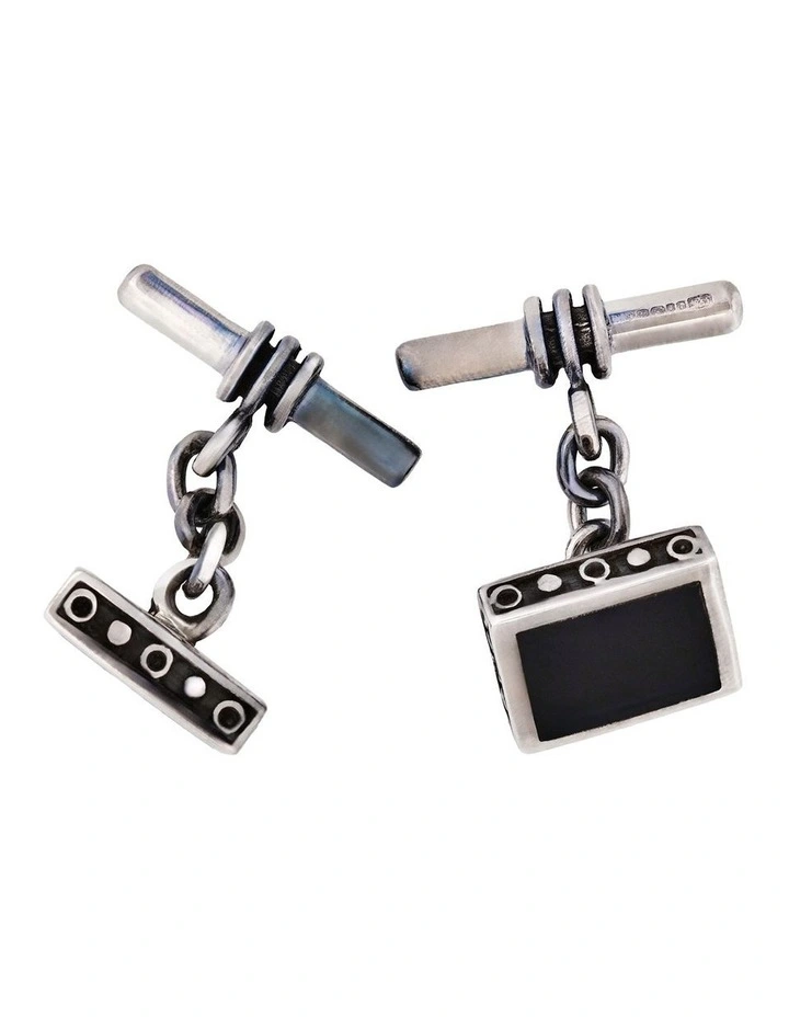Square Sterling Silver Cufflinks with Onyx Inlay on T-Bar & Chain image 1