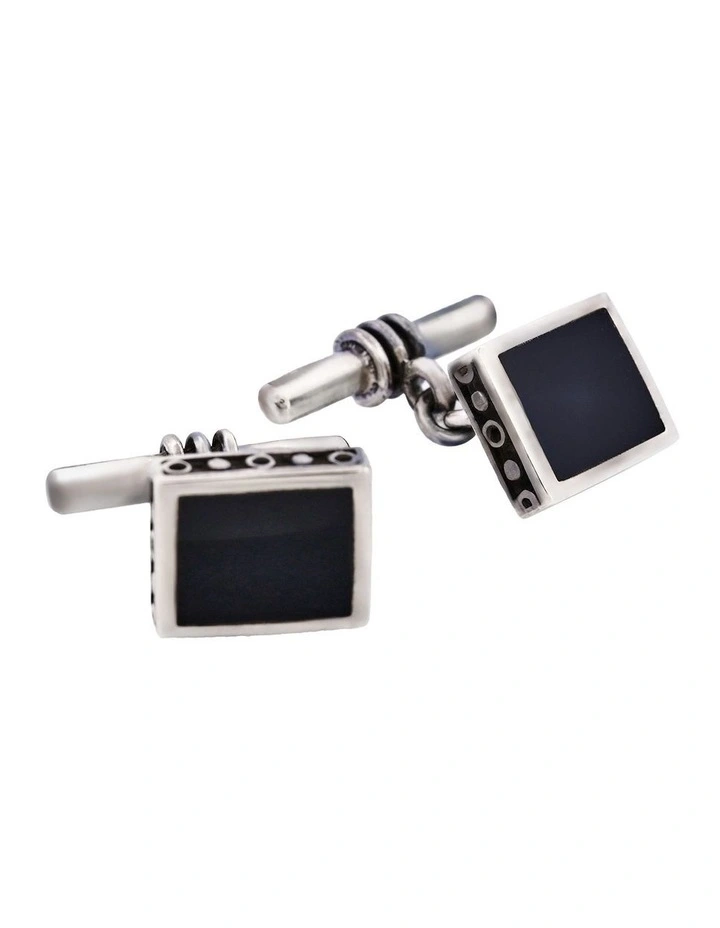 Square Sterling Silver Cufflinks with Onyx Inlay on T-Bar & Chain image 2