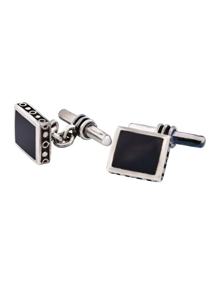 Square Sterling Silver Cufflinks with Onyx Inlay on T-Bar & Chain image 3